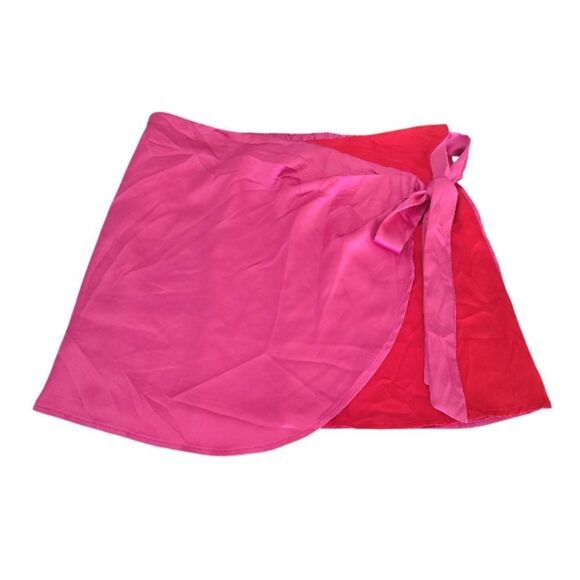 Sincerely Jules Pink Red Satin Faux Wrap Pull On Mini Skirt Size XL - Picture 2 of 6